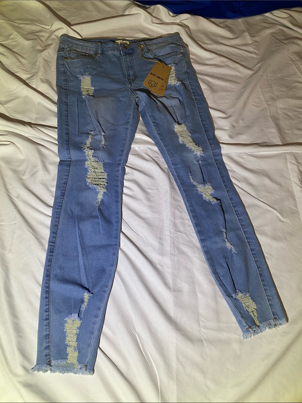 Light Blue Distressed Skinny Jeans - Women's Stretch Denim